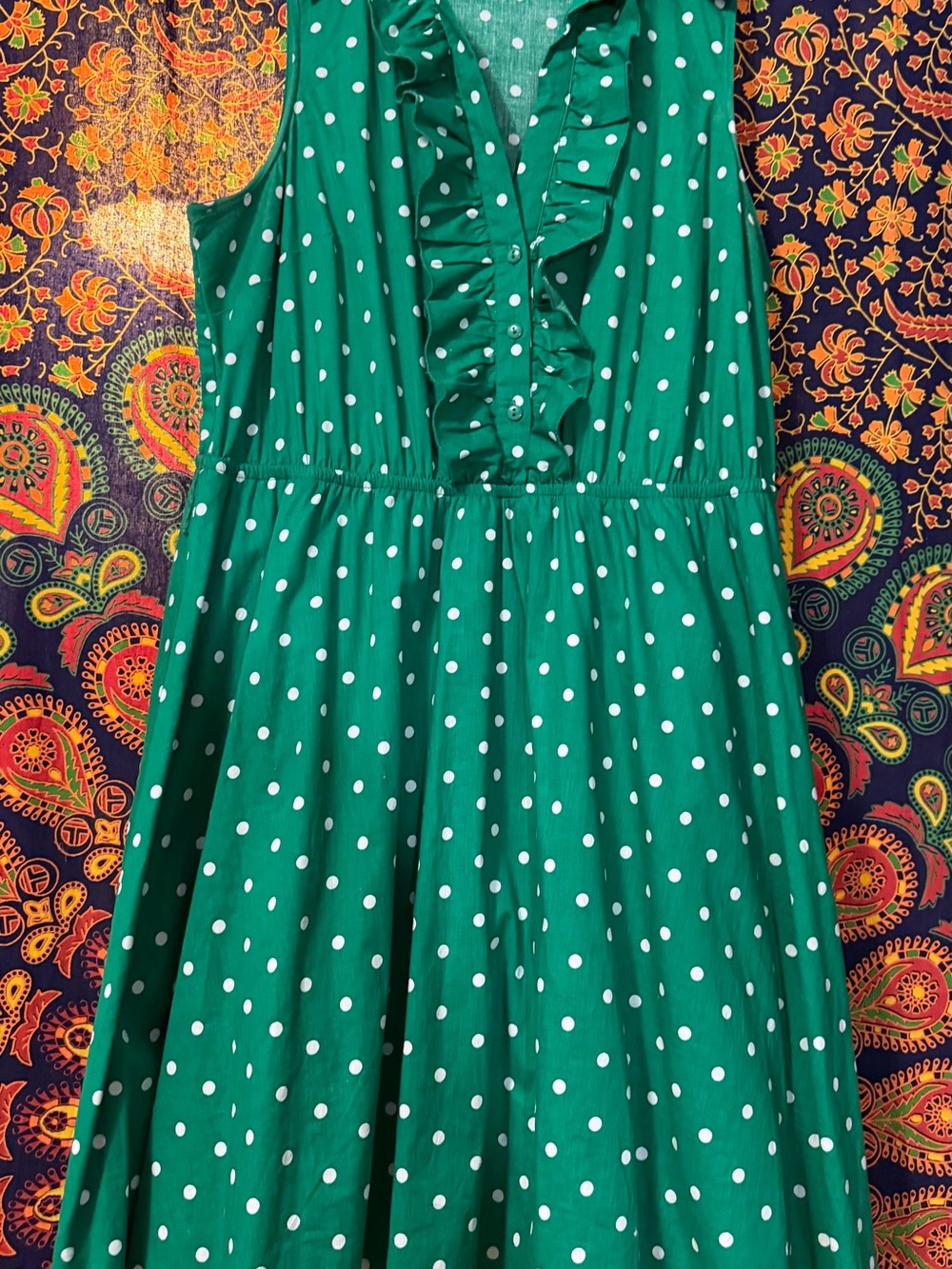 Retro Green Polka Dot Ruffle Front Sundress with green toile lined slip